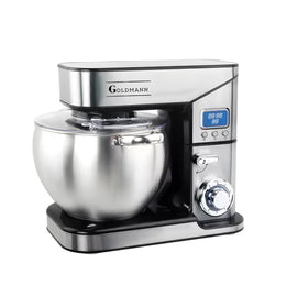 Mixer planetar, 2800 W, Bol 10 L Inox, 5 Accesorii, 6 Viteze, Timer/Cronometru, Angrenaje metalice, Carcasa inox, GOLDMANN, Gri